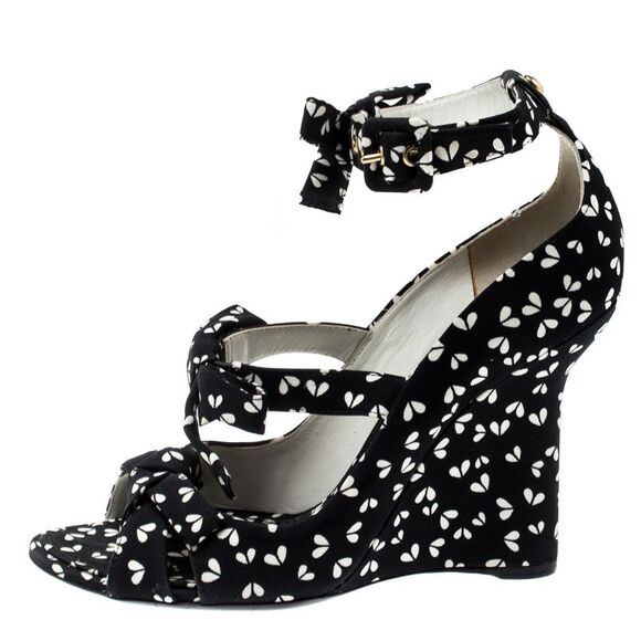 Louis Vuitton Black Printed Fabric Bow Ankle Strap Wedges Sandals Size 38 - Picture 2 of 4